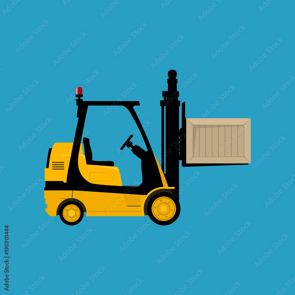 Forklift Truck Isolated on a Blue Background, Yellow Vehicle Forklift Picks up a Box, Vector Illustration Forklift Truck Isolated on a Blue Background, Yellow Vehicle Forklift Picks up a Box, Vector Illustration