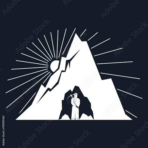 Miner Holds a Pick in the Bowels of Mountains on a Black Background, Sunrise in the Mountains, Mining Industry, Vector Illustration