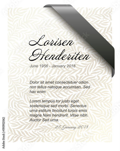 Funeral card template with golden leafs background and black ribbon in the corner