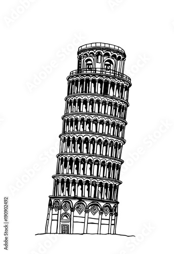  the leaning tower of pisa, graphical hand-painted illustration isolated on white background ,Italy