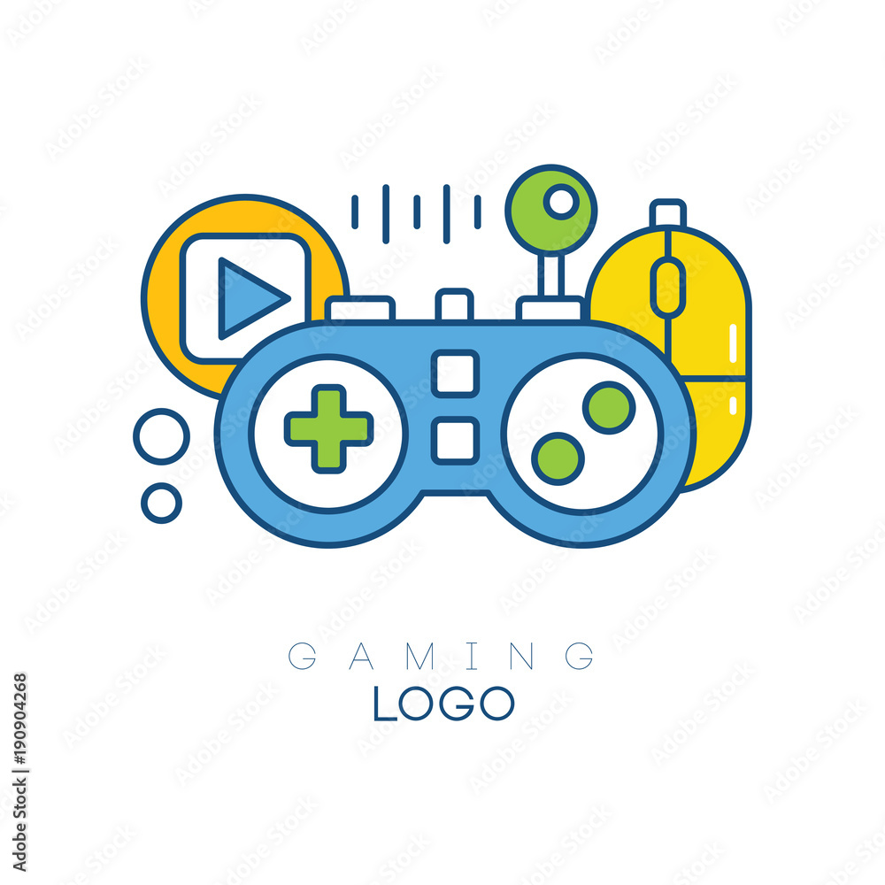 Gaming logo template. Gamepad, play button, joystick and computer mouse.  Linear emblem with blue, yellow and green fill. Creative vector design for  game club Stock Vector