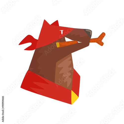 Superhero dog character with wooden stick in its mouth cartoon vector Illustration