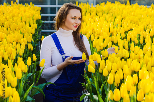 spring portrait of a woman who stands among the plantations with yellow tulips. Spring and flowers