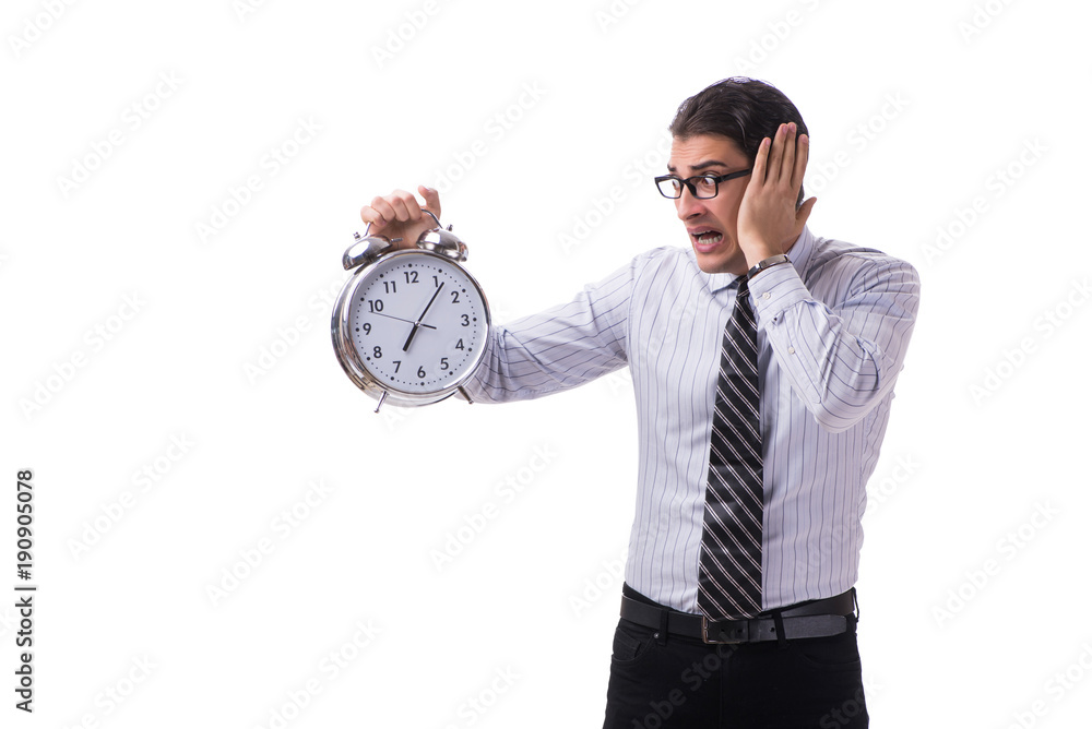 Young businessman in time management concept on white background Young businessman in time management concept on white background