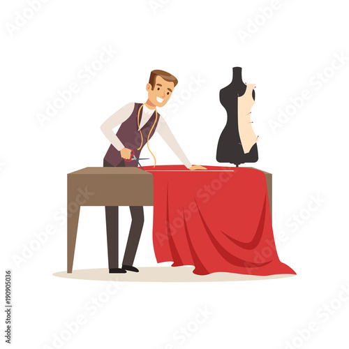 Male dressmaker making out clothes on the table, clothing designer or tailor working at atelier vector Illustration