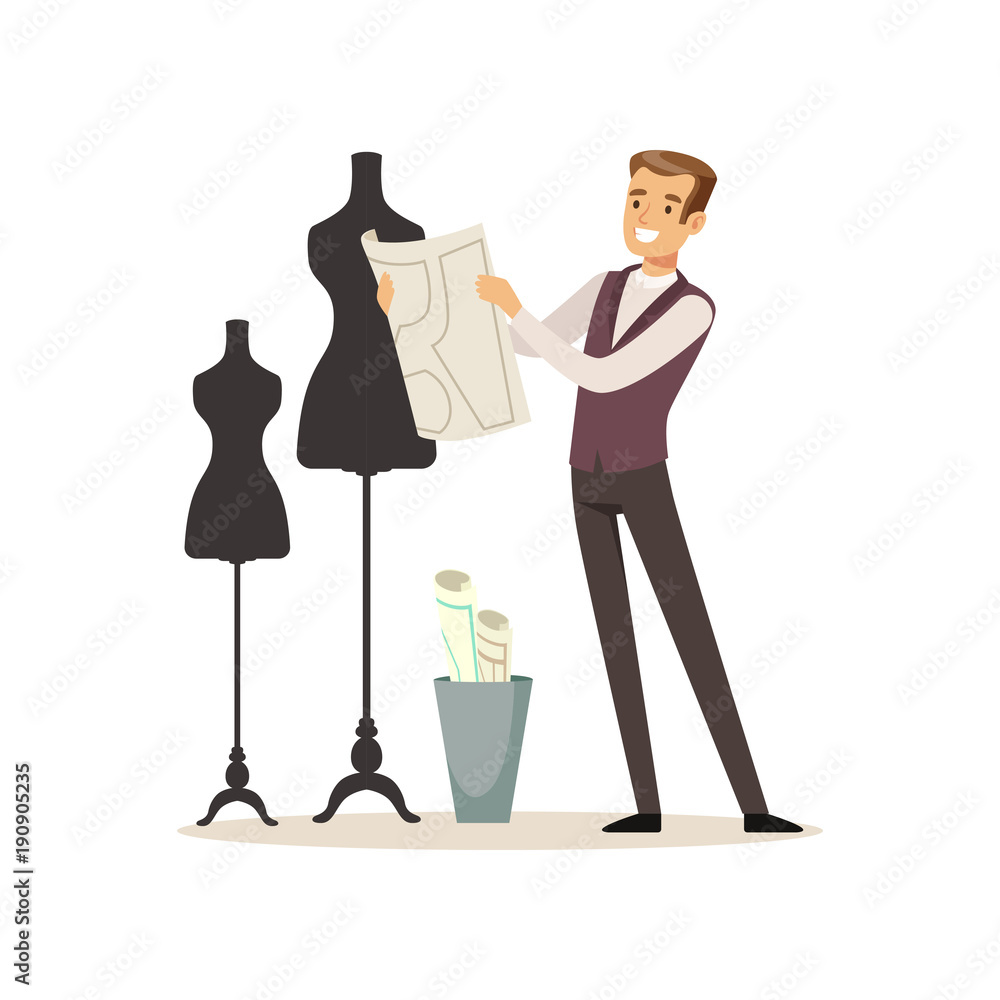 Male fashion designer standing near the dummy, tailor couture working at atelier vector Illustration