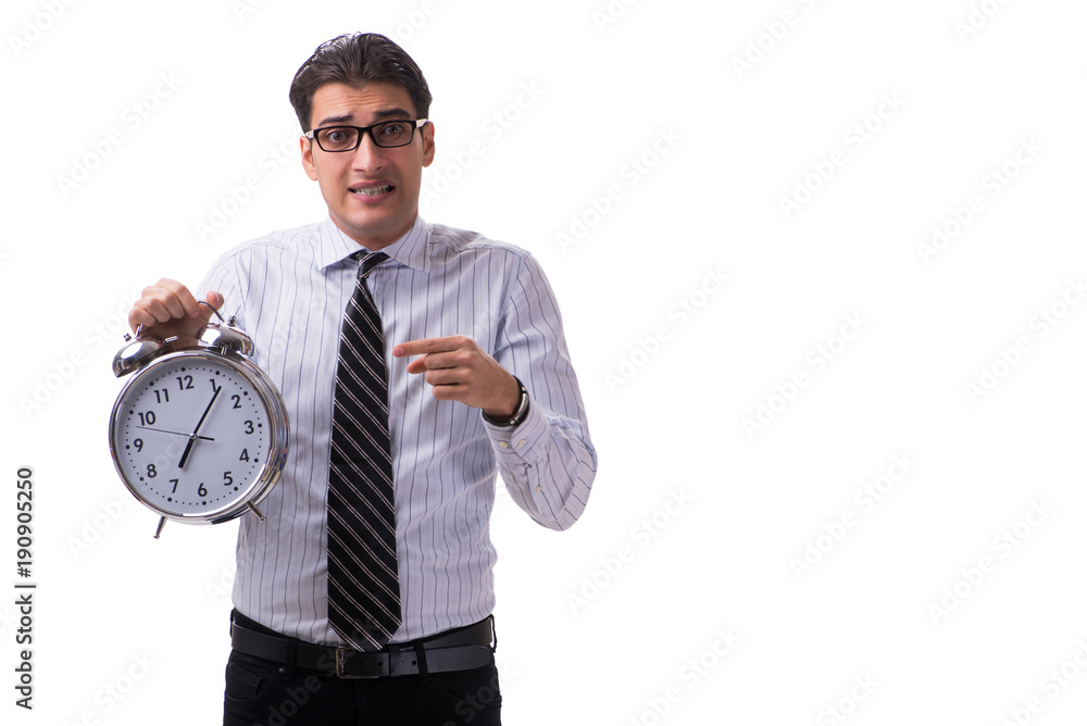 Young businessman in time management concept on white background Young businessman in time management concept on white background
