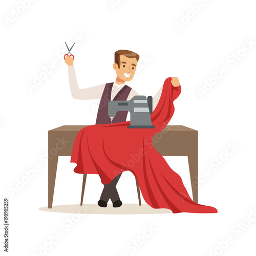 Male dressmaker with a sewing machine, clothing designer or tailor working at atelier vector Illustration