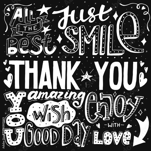 Unique thank you card with hand drawn lettering and calligraphy with many phrases and words. Vector illustration photo