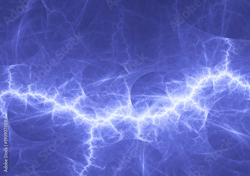 Blue plasma lightning bolt, abstract electrical background