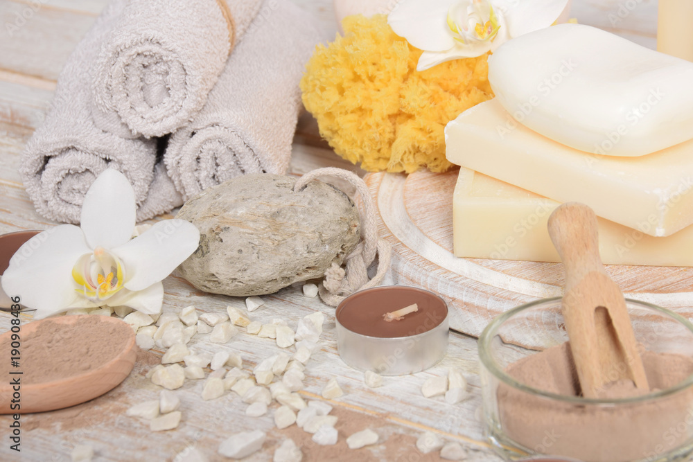 gray natural soap with honey and body oil and a cosmetic face mask gray natural soap with honey and body oil and a cosmetic face mask