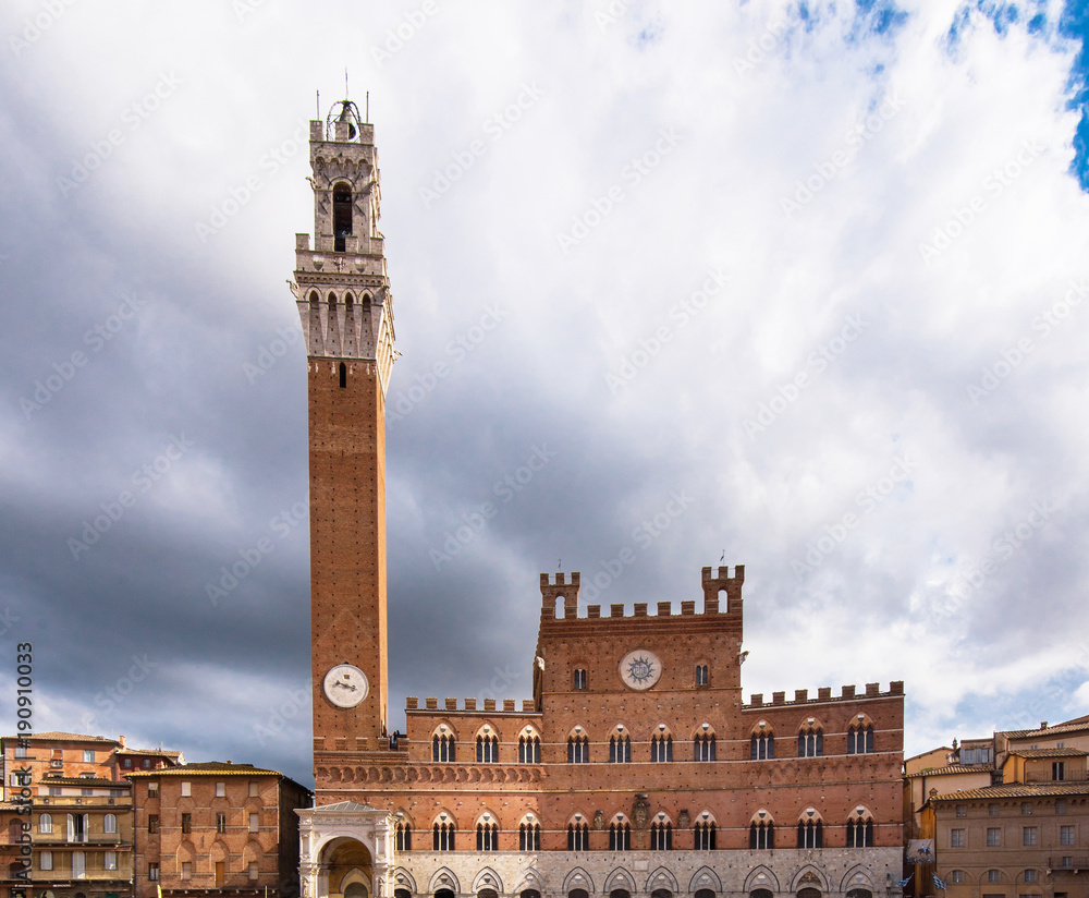 Campo Square with Mangia Tower in Siena, Italy