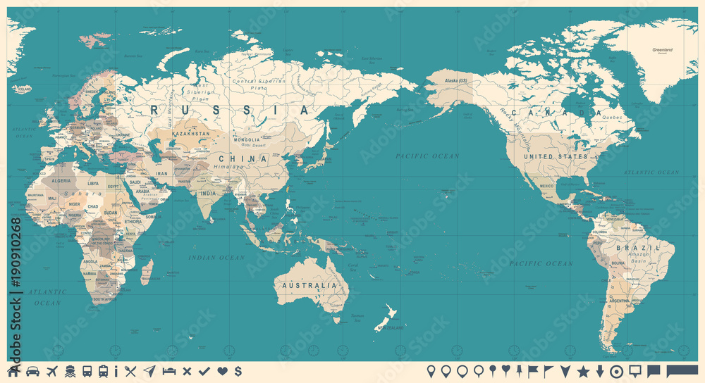 Obraz premium Vintage Political World Map Pacific Centered