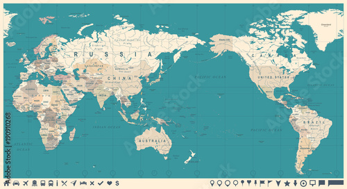 Vintage Political World Map Pacific Centered
