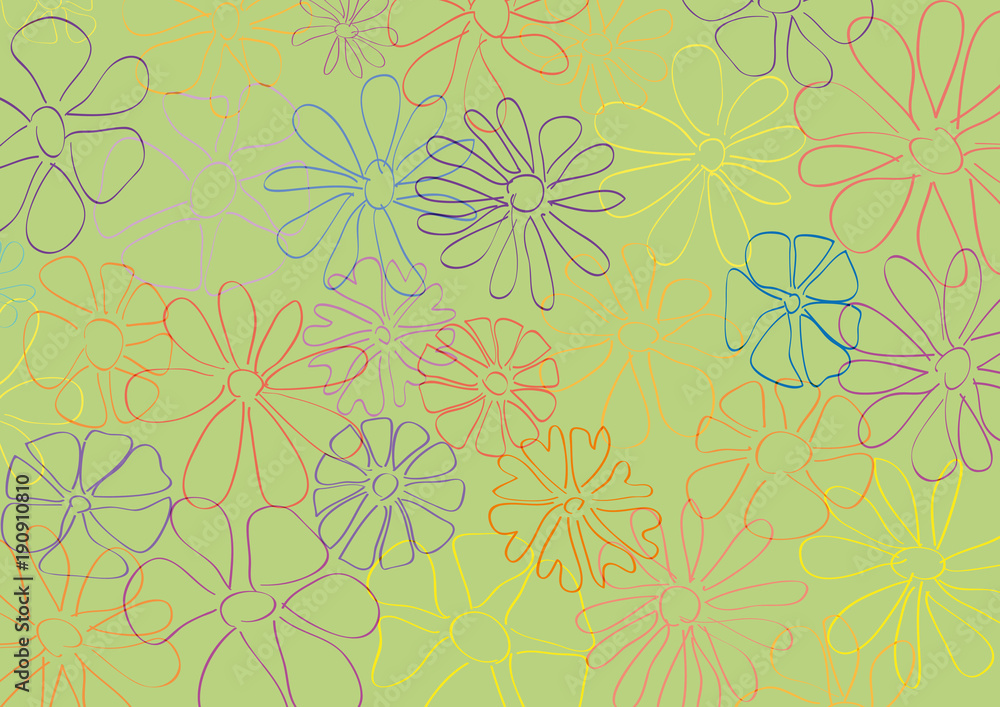 Spring, vector background. Springtime with hand drawn flowers, in green Spring, vector background. Springtime with hand drawn flowers, in green