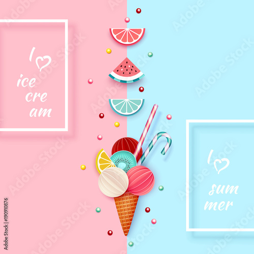 Ice cream, Fruit, 3D, Pastel. Abstract background with ice cream cone, lime, lemon, orange, kiwi, watermelon in paper cut style. Minimalist pastel summer food concept. Vector illustration