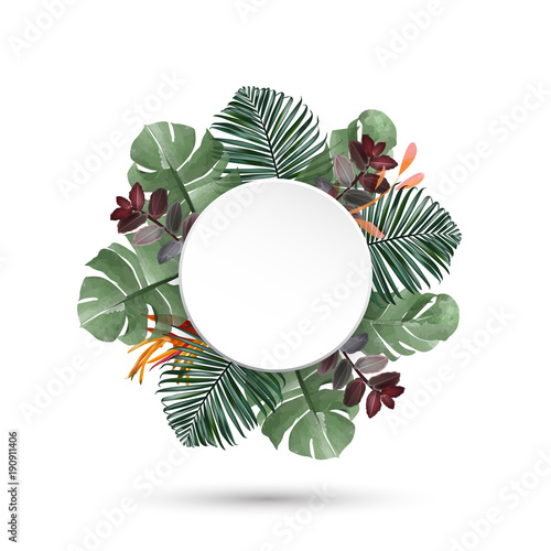 tropical floral spring  leaves with white paper empty space label for Text and Design summer collection,Watercolor,vector illustration eps 10
