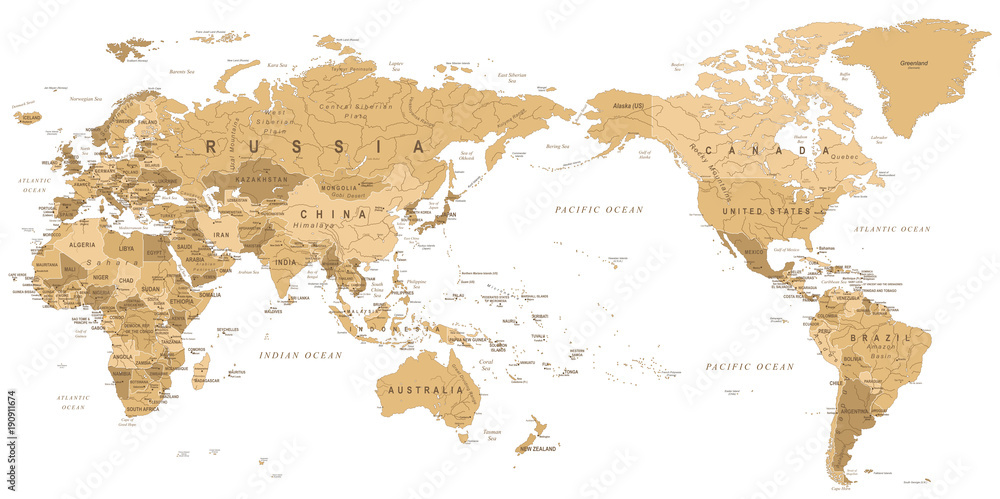 Fototapeta premium Vintage Political World Map Pacific Centered