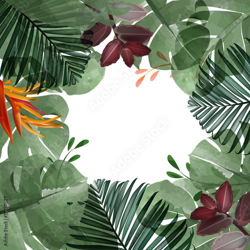  tropical floral spring  leaves with white  empty space label for Text and Design summer collection,Watercolor,vector illustration eps 10