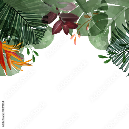  tropical floral spring  leaves with white  empty space label for Text and Design summer collection,Watercolor,vector illustration eps 10