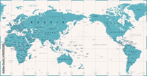 Fototapeta Naklejka Na Ścianę i Meble -  Vintage Political World Map Pacific Centered