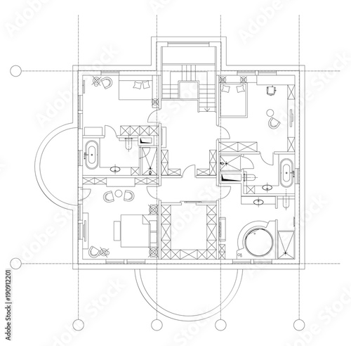 Standard home furniture symbols set used in architecture plans, home planning icon set, graphic design elements. Small privat house - top view plans. Vector isolated.