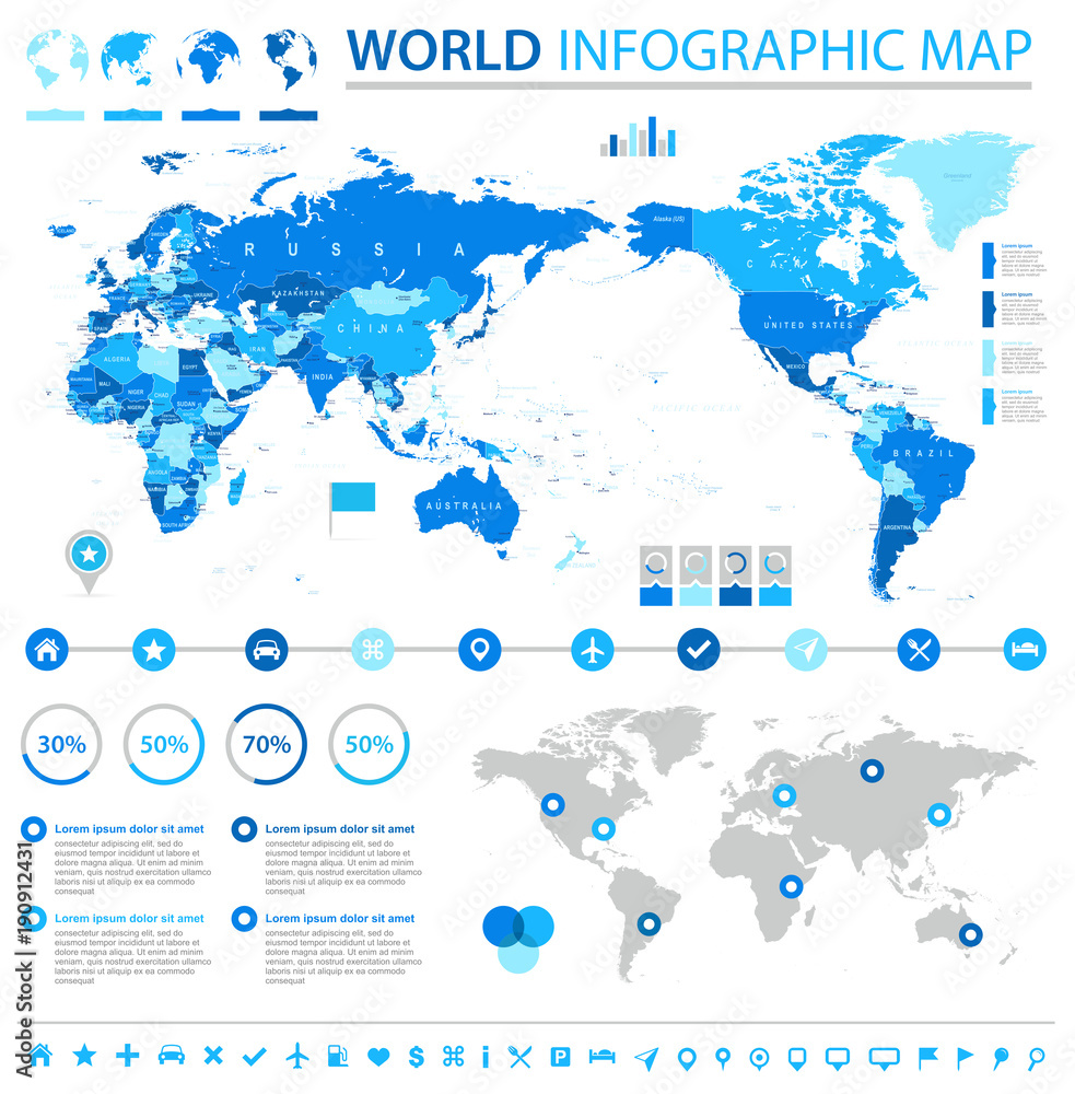 Fototapeta premium Political World Map Pacific Centered - Info Graphic