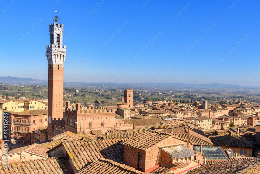 aerial view of the city of Siena and Mangia tower, tuscany, Italy