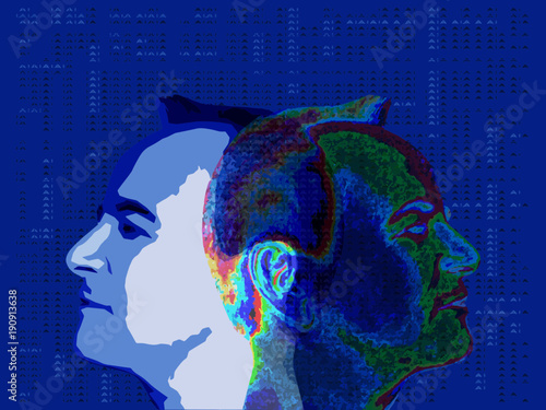 Deux profils imbriqués dos à dos dessinés abstraitement sur un fond bleu simulant l'univers de l'intelligence artificielle