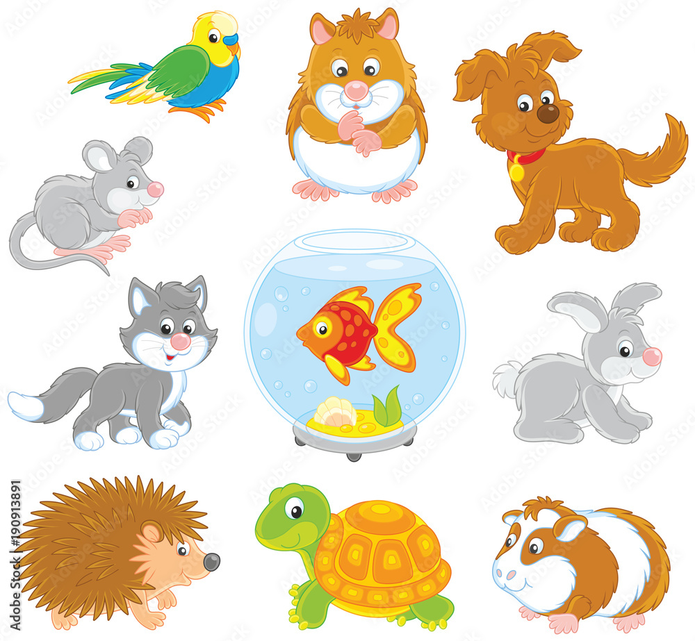 Set of pets including a cat, a dog, a parrot and other domestic animals, vector illustrations in funny cartoon style Set of pets including a cat, a dog, a parrot and other domestic animals, vector illustrations in funny cartoon style