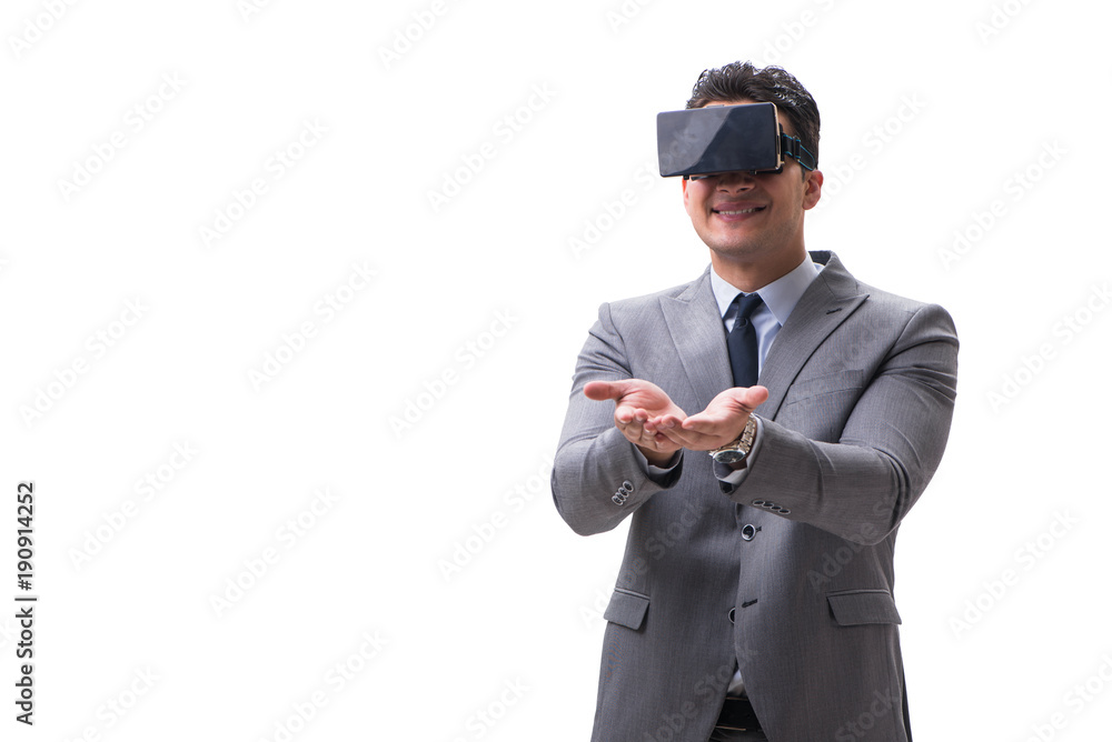 Businessman wearing virtual reality VR glasses isolated on white Businessman wearing virtual reality VR glasses isolated on white