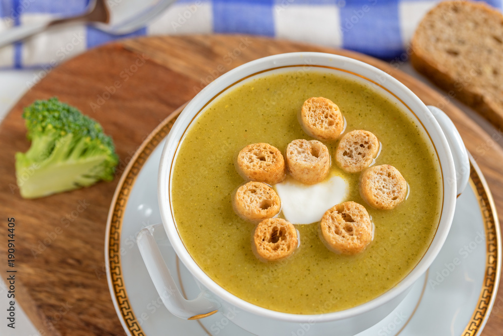 Vegetarian cream soup with broccoli and croutons. Vegetarian cream soup with broccoli and croutons.