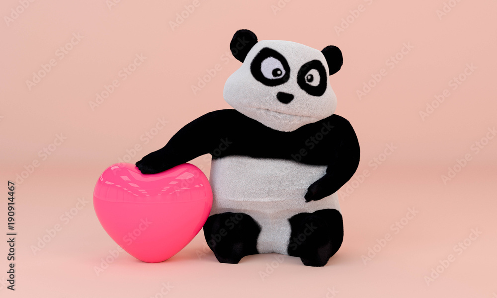 Naklejka premium Panda doll and heart 3D model 3Drenderig