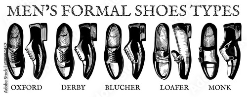 Vector illustration of mens formal suit shoes: oxfords, derby, bluchers, loafers, monks. Ultimate guide in vintage drawing style. photo