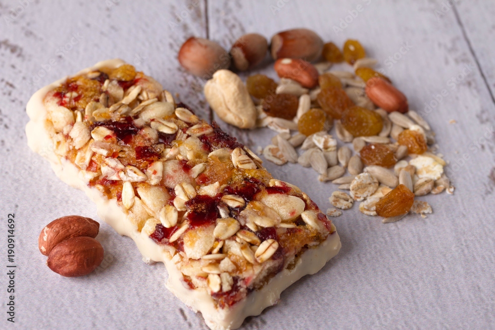 useful sweetness from nuts, oatmeal, honey, red berries, chocolate, raisins, dried apricots useful sweetness from nuts, oatmeal, honey, red berries, chocolate, raisins, dried apricots