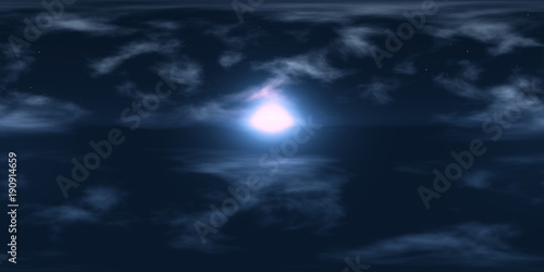 high resolution HDRI map: environment map for equirectangular projection at sunrise, spherical panorama, 3d illustration background (clouds in a dark starry sky with moonlight)