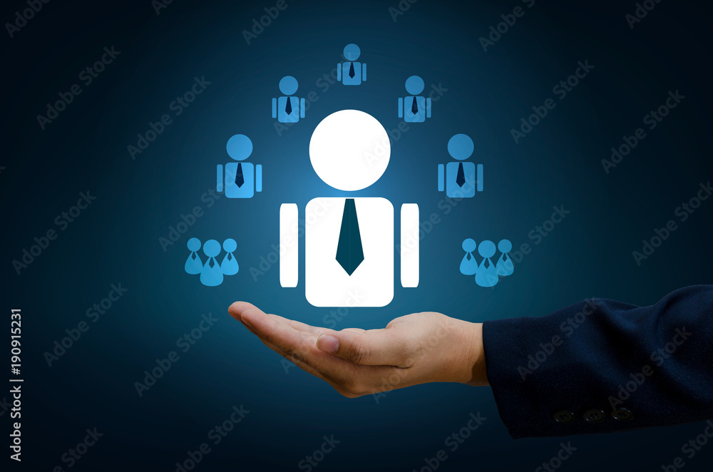 hand businessman human resource management and recruitment business  human resources CRM officer looking for employee represented by icon Gender discrimination in employees selection. blue background.