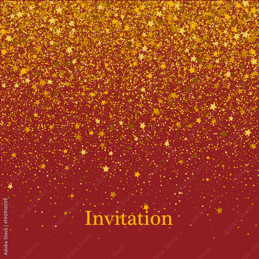 Gold texture of glitter in the shape of heart on a red background. Holiday background. Golden grainy abstract texture on a red background.