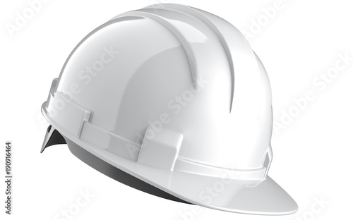 Side view of white construction helmet isolated on a white background. 3d rendering of engineering hat