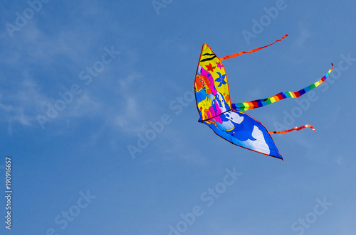 Aquilone colorato che vola nel cielo