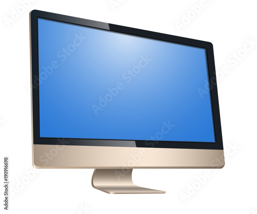 Golden computer, with a blank screen, left view front isolated on white background. To represent your application