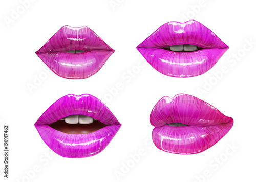 Purple sensual juicy lips collection. Mouth set isolated on white background. Vector lipstick or lip gloss 3d realistic illustration.