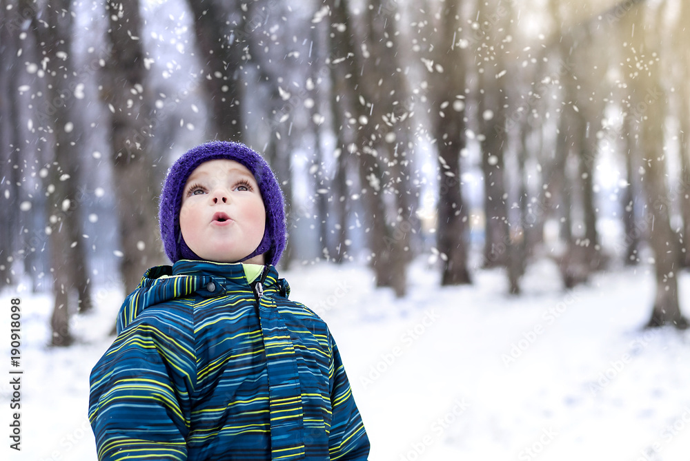 Little boy looks in the sky at the falling snow Little boy looks in the sky at the falling snow
