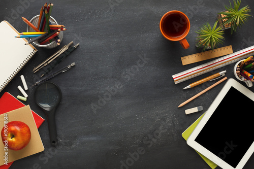Desktop with various stationery for school education, top view