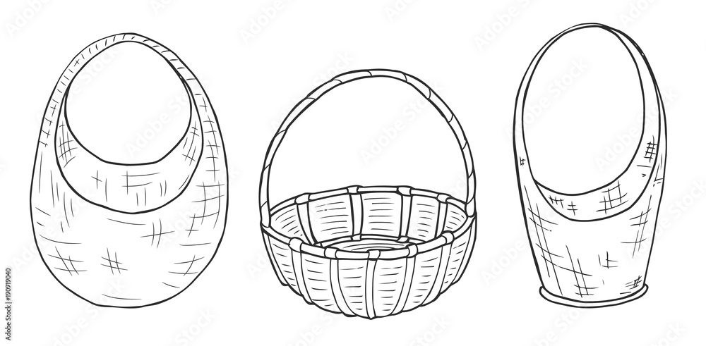 Sketches wicker baskets of different shapes. Freehand drawing with a marker. Sketch. Vector - obrazy, fototapety, plakaty 