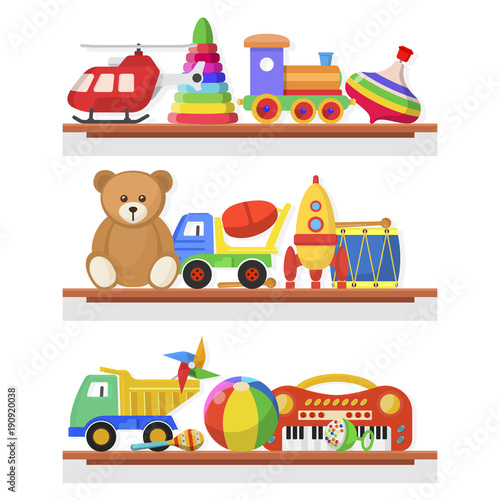 Childrens toys on the shelves