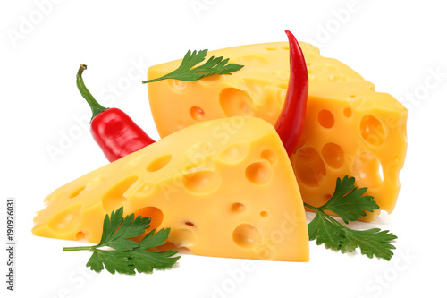 piece of cheese with chili pepper isolated on white background