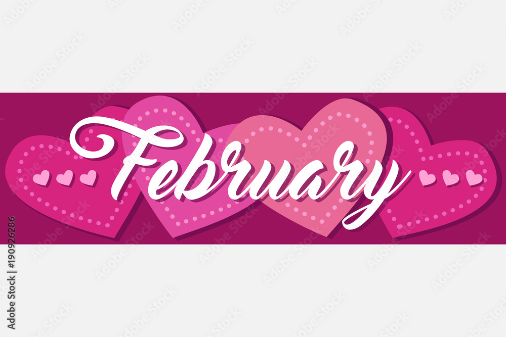 February Single Word With Hearts Banner Vector Illustration 2 Stock
