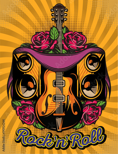 vector color poster template with guitar, speakers and rose