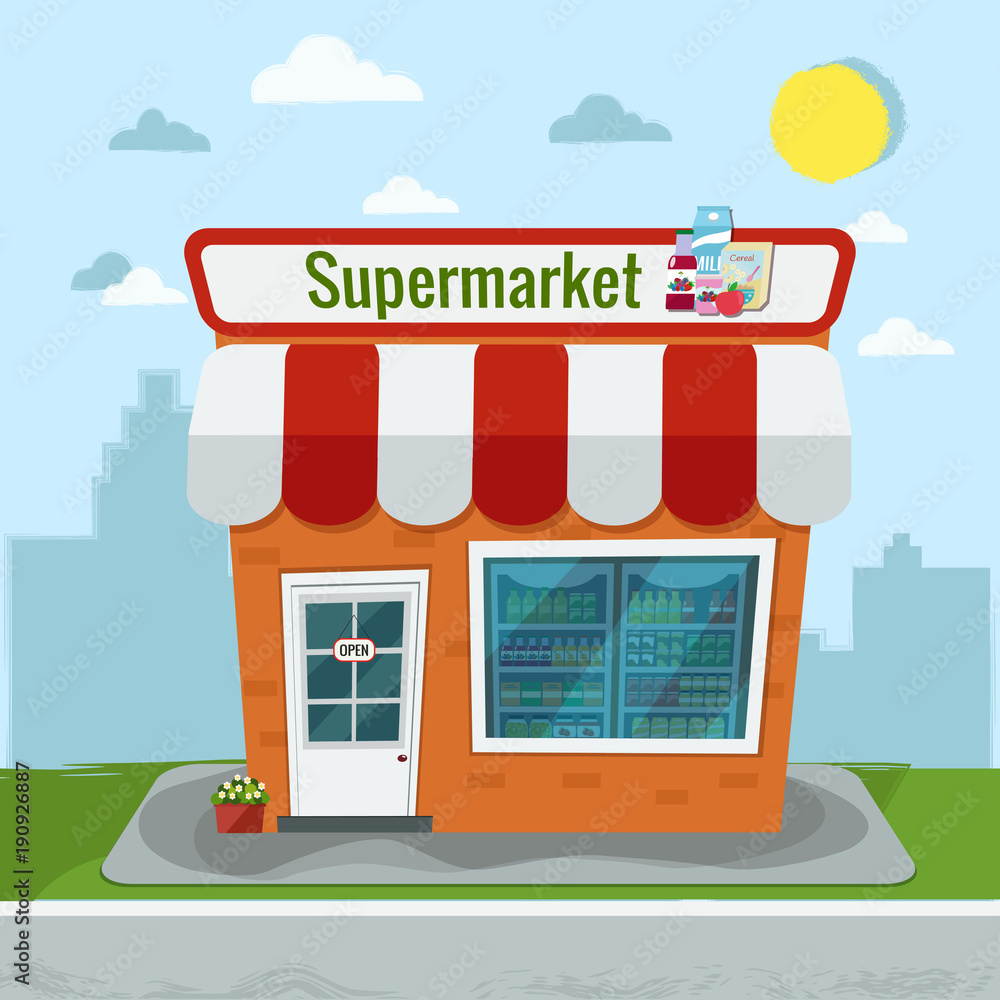 Vector illustration of grocery store. Supermarket illustration. Flat design.